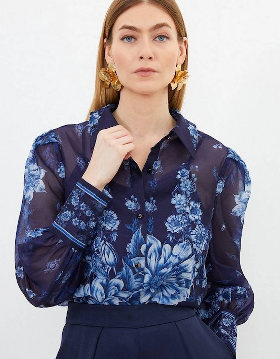 Organdie Floral Placement Print Woven Tie Blouse, 5 of 4