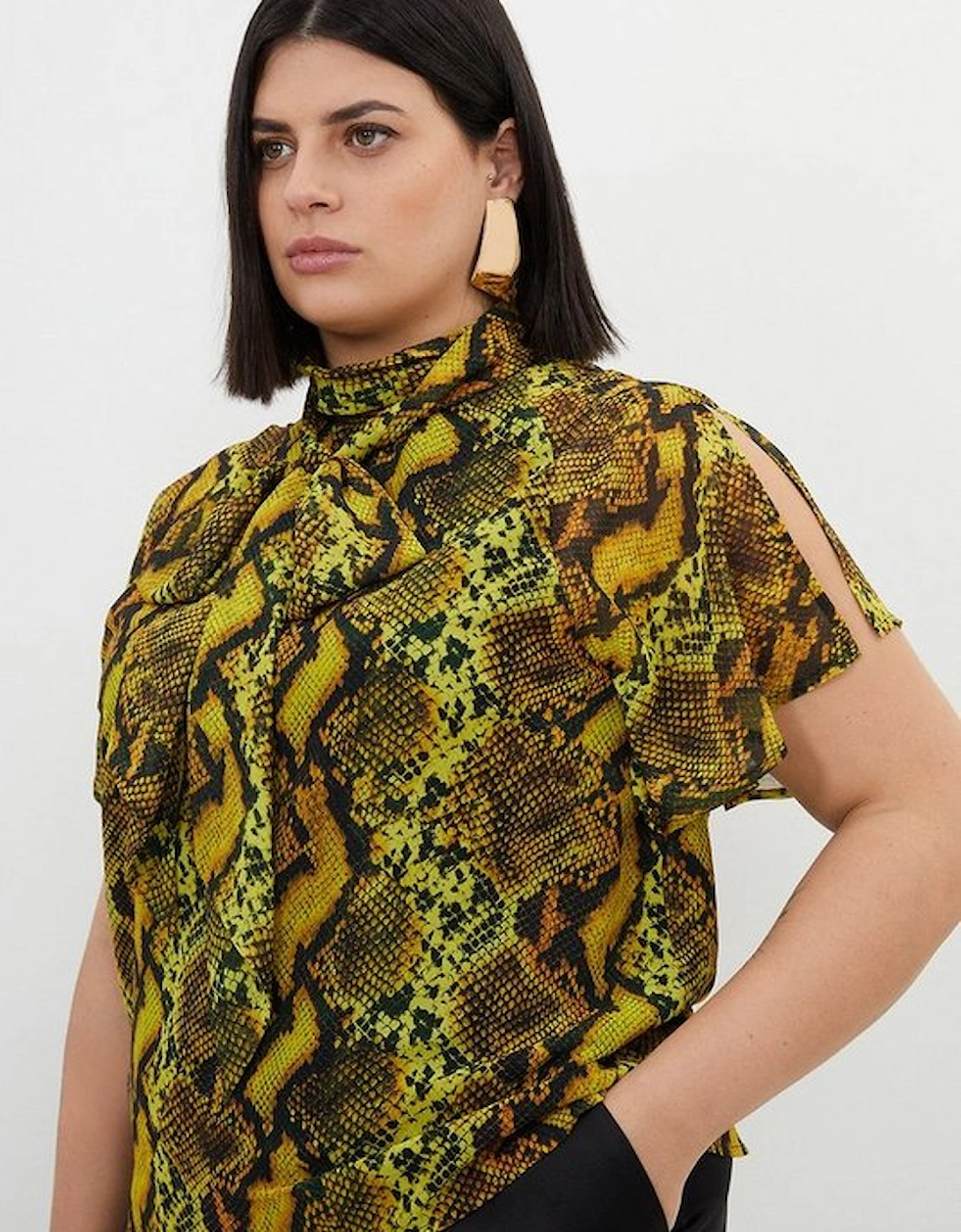 Plus Size Snake Print Georgette Woven Tie Neck Ruffle Blouse