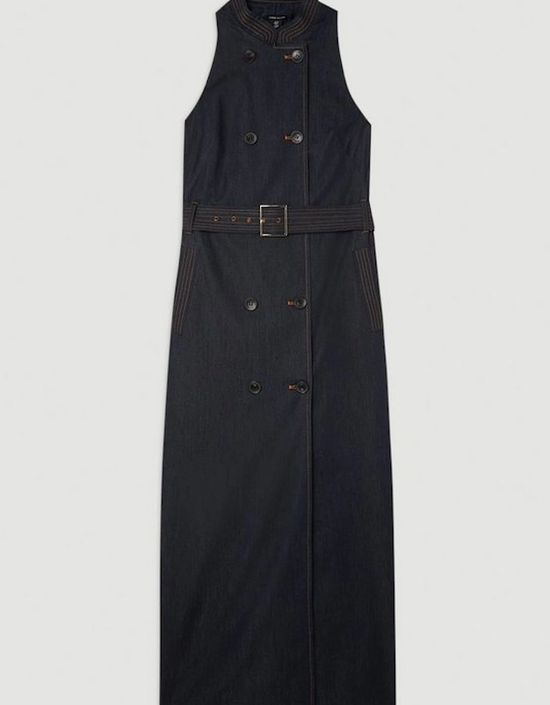 Tailored Denim Double Breasted Belted Midi Dress