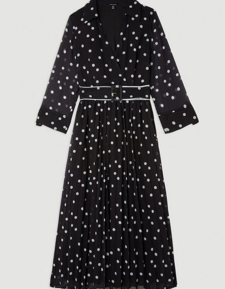 Pleated Contrast Georgette Spot Woven Midi Dress