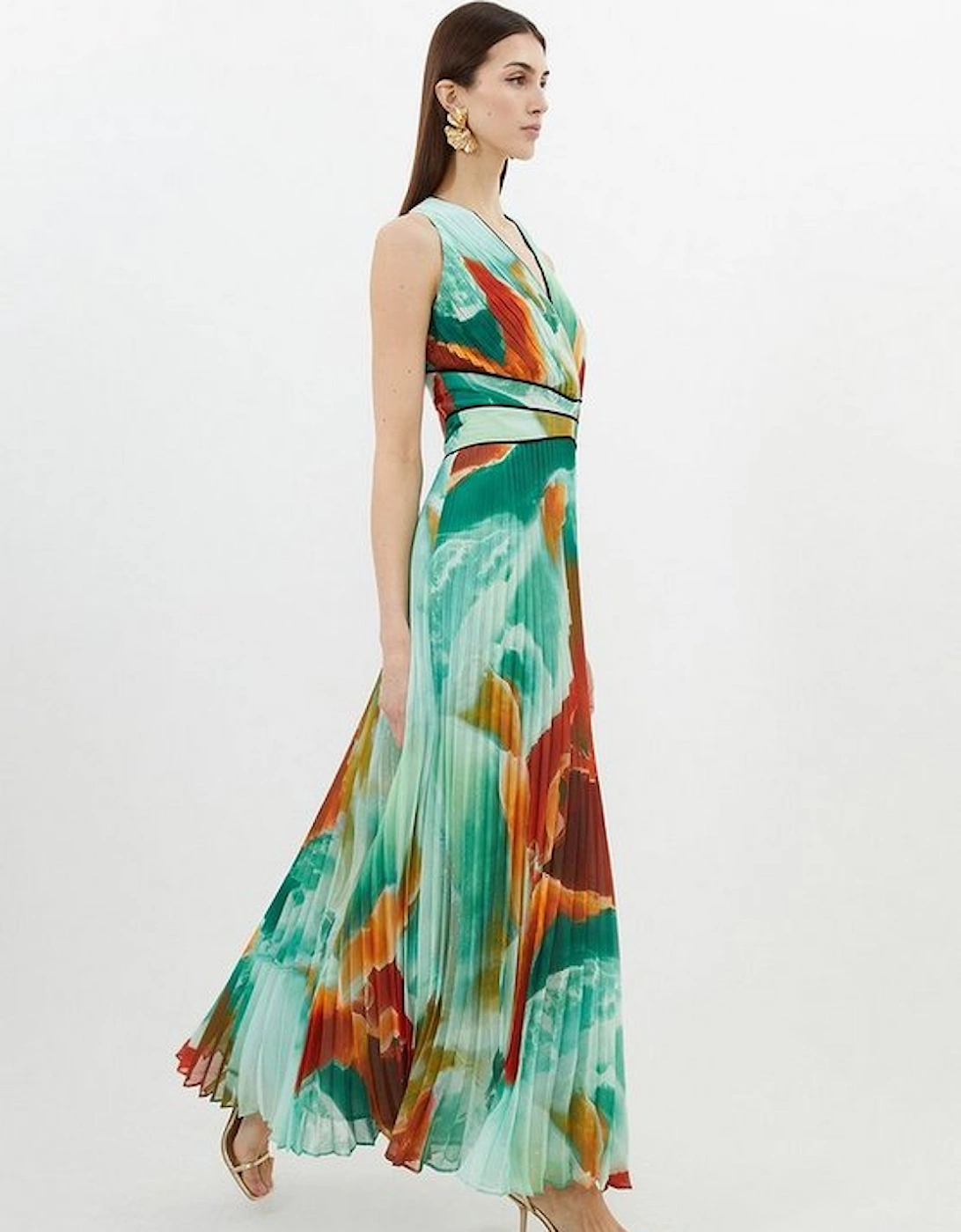 Abstract Printed Soft Pleated Plunge Maxi Dress, 5 of 4