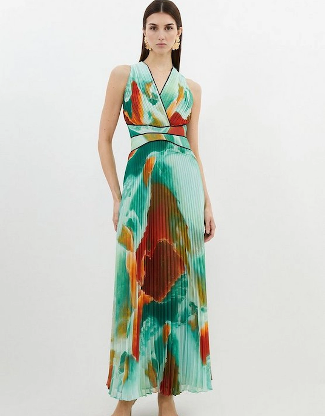 Abstract Printed Soft Pleated Plunge Maxi Dress