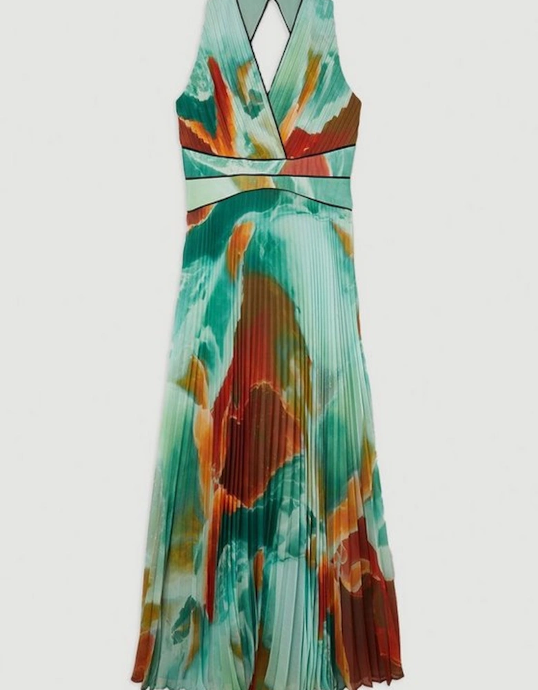 Abstract Printed Soft Pleated Plunge Maxi Dress