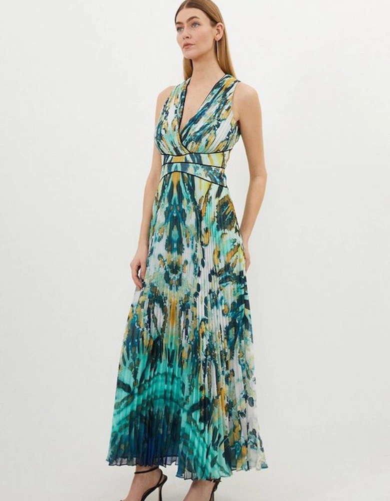 Abstract Ombre Pleated Sleeveless Midaxi Dress