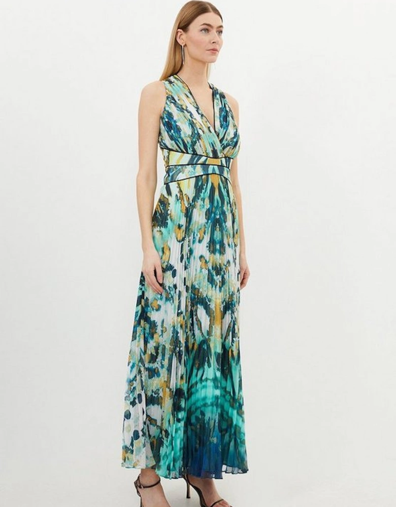 Abstract Ombre Pleated Sleeveless Midaxi Dress