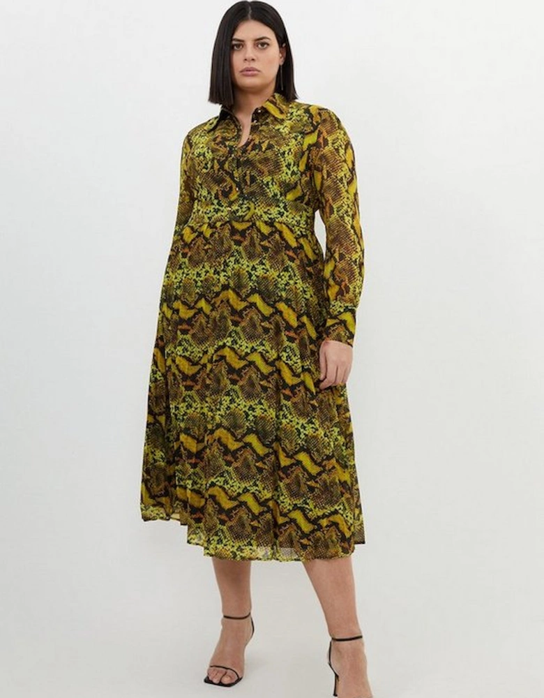 Plus Size Snake Print Georgette Woven Shirt Midi Dress