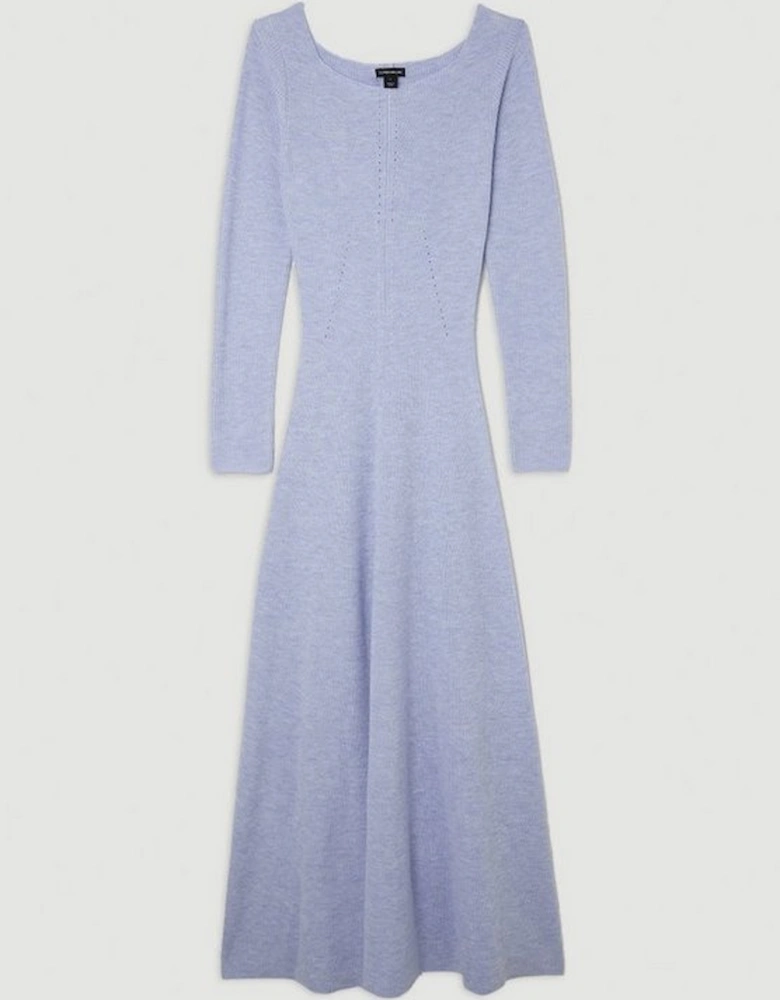 Premium Wool Blend Fashioned Rib Knit Square Neck Midi Dress
