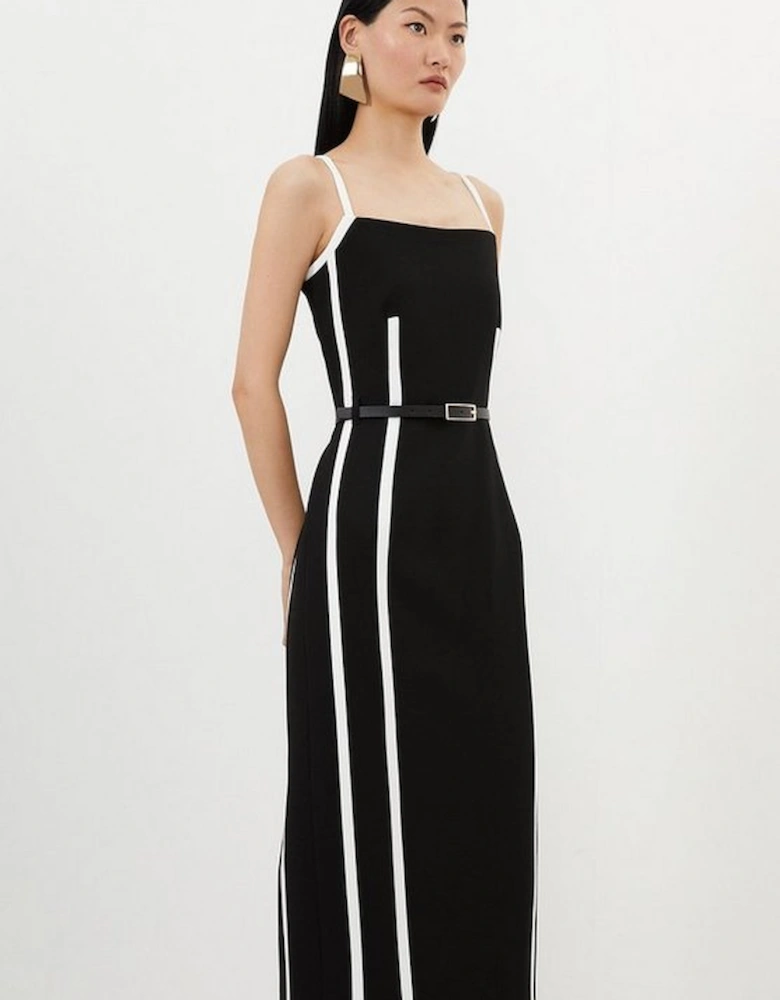 Compact Stretch Contrast Tailored Belted Midi Dress