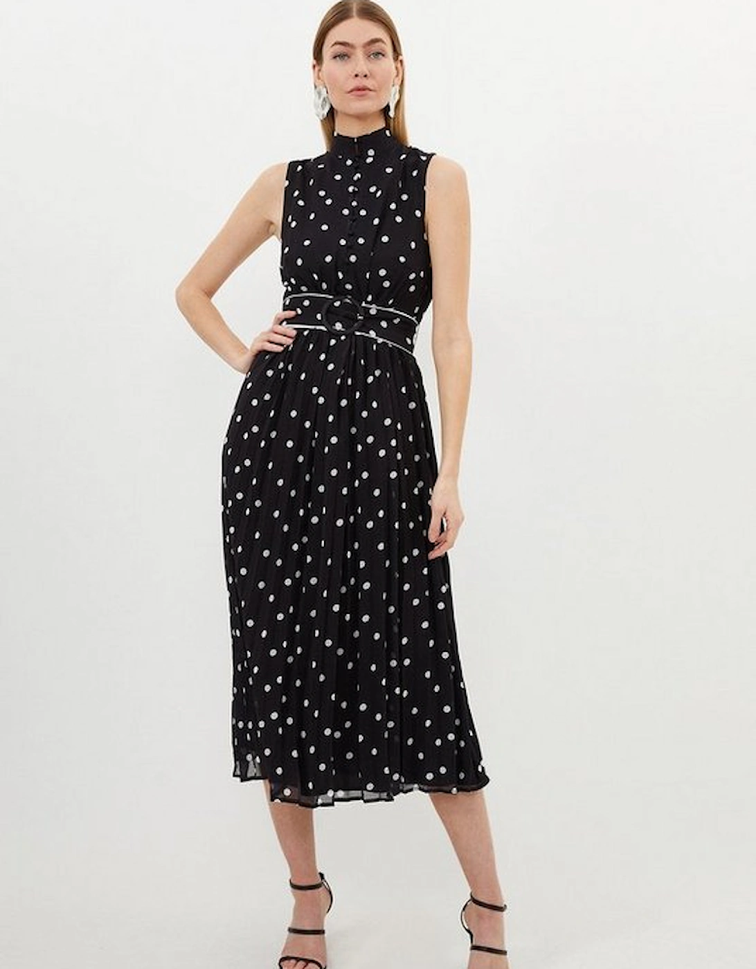 Pleated Contrast Georgette Spot Woven Maxi Dress, 5 of 4