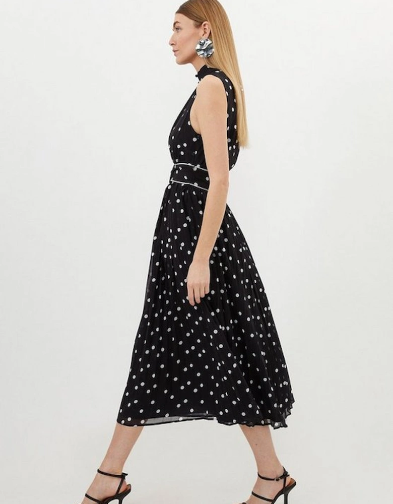 Pleated Contrast Georgette Spot Woven Midi Dress