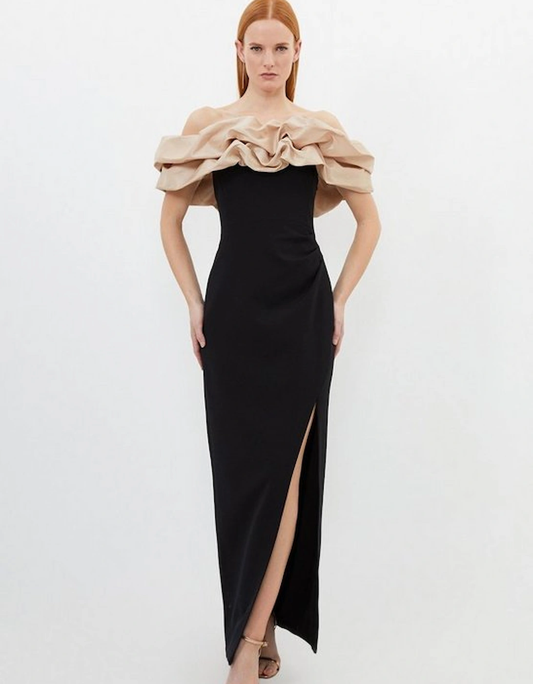 Structured Crepe Taffeta Ruffle Bardot Maxi Dress, 5 of 4