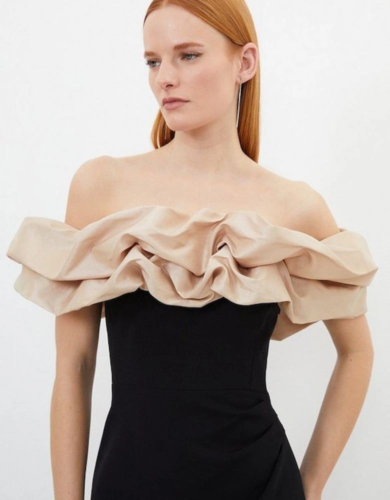 Structured Crepe Taffeta Ruffle Bardot Maxi Dress