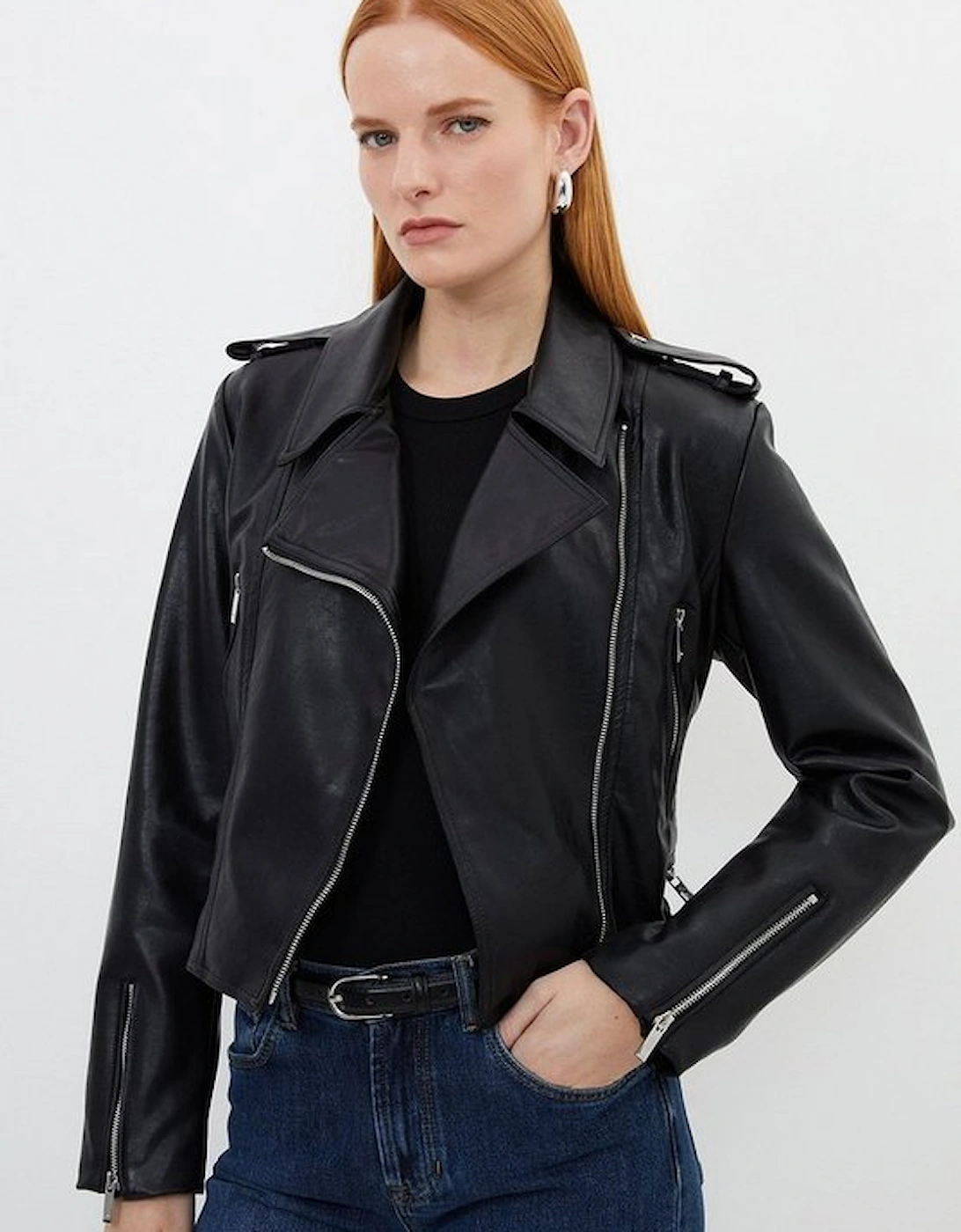 Faux Leather Cropped Biker Jacket, 5 of 4