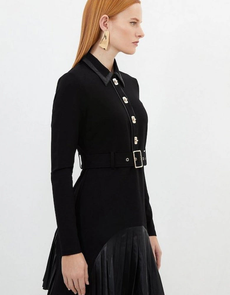 Ponte And Pu Pleated Belted Mini Dress
