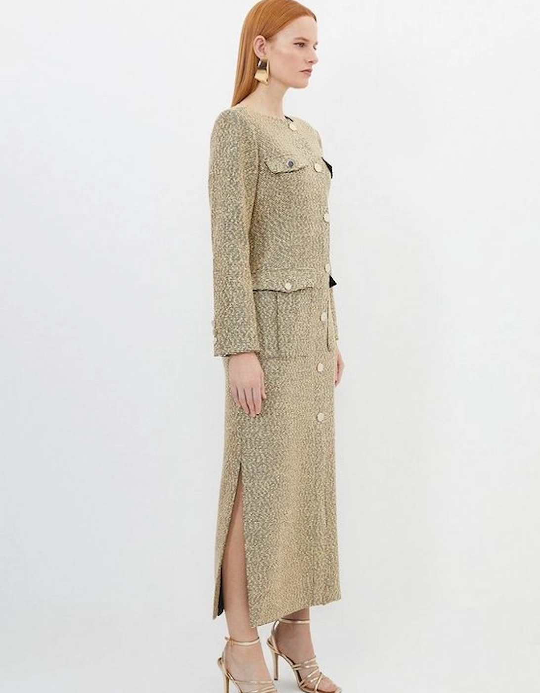 Tailored Boucle Pocket Detail Long Sleeve Midi Dress