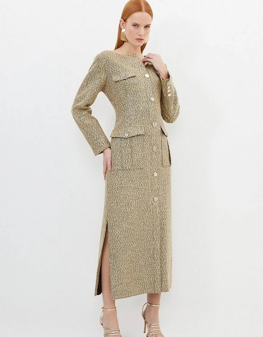 Tailored Boucle Pocket Detail Long Sleeve Midi Dress, 5 of 4