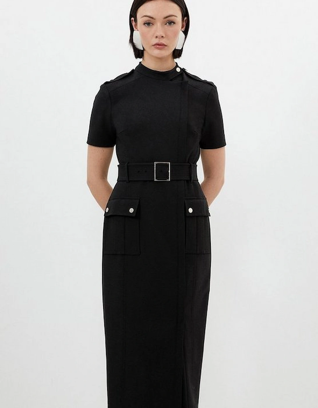 Petite Compact Stretch Wrap Belted Tailored Midi Dress