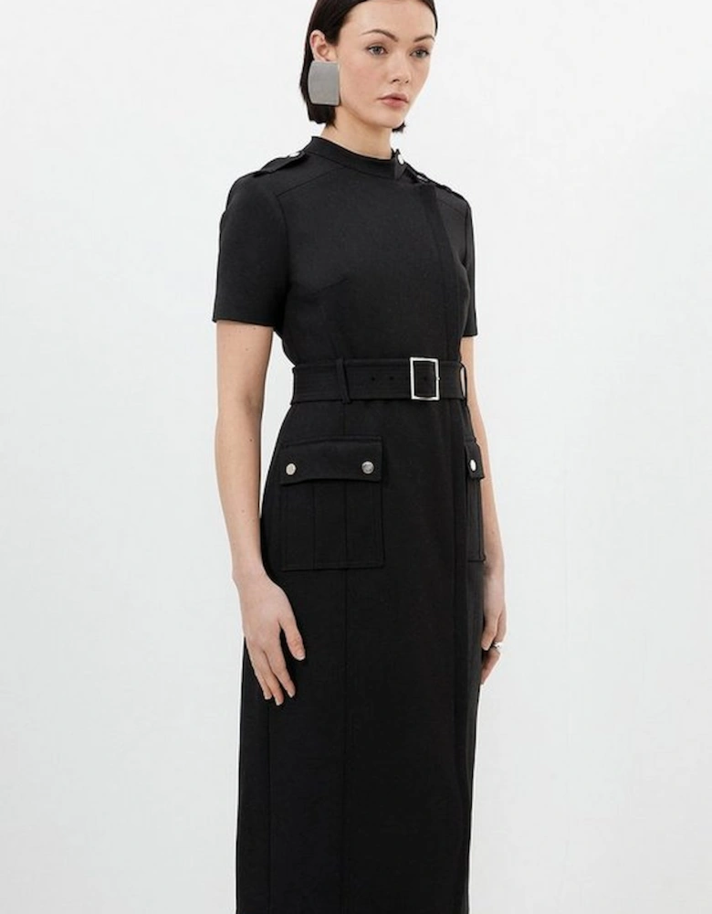 Petite Compact Stretch Wrap Belted Tailored Midi Dress