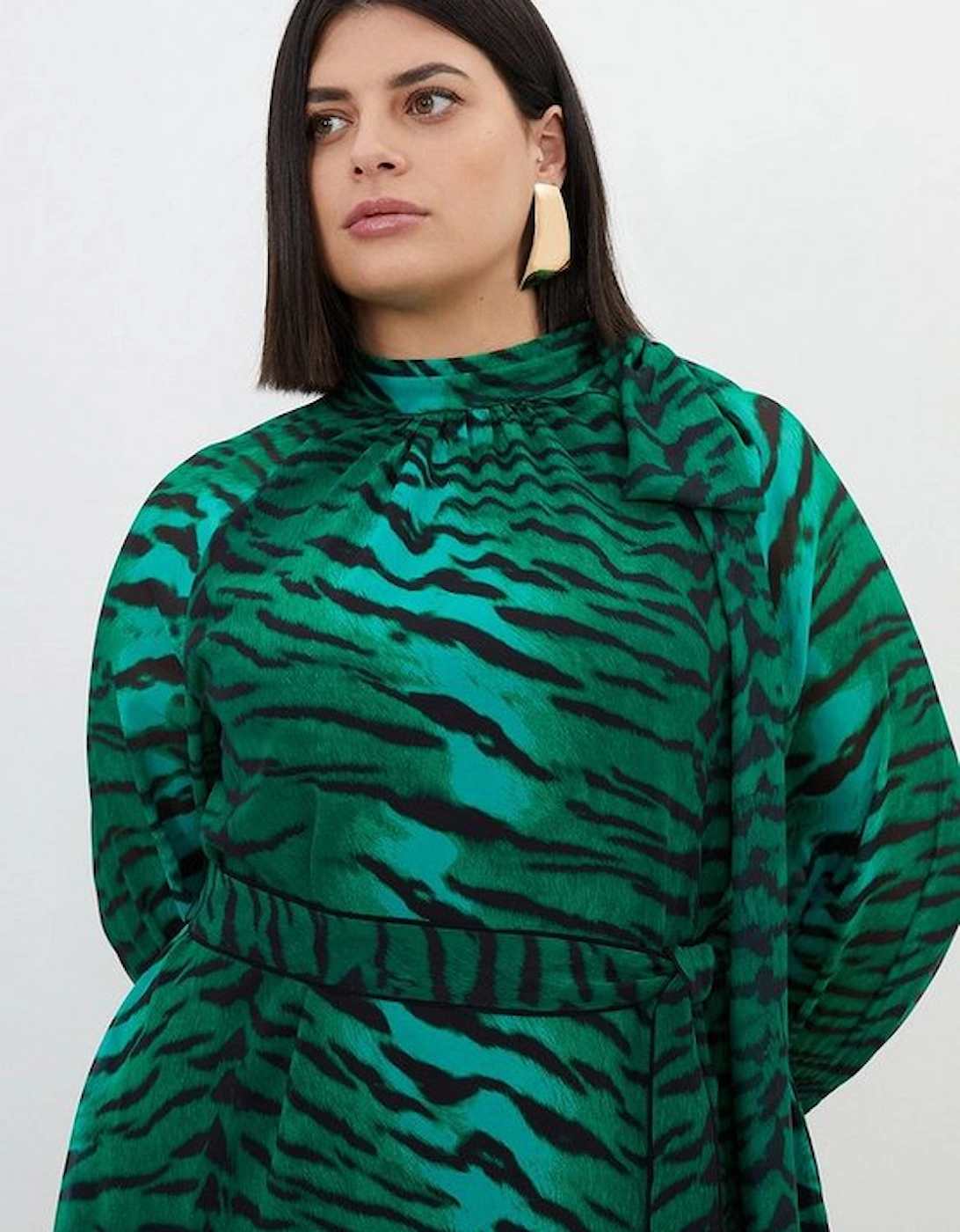 Plus Size Wild Tiger Print Georgette Woven Belted Mini Dress