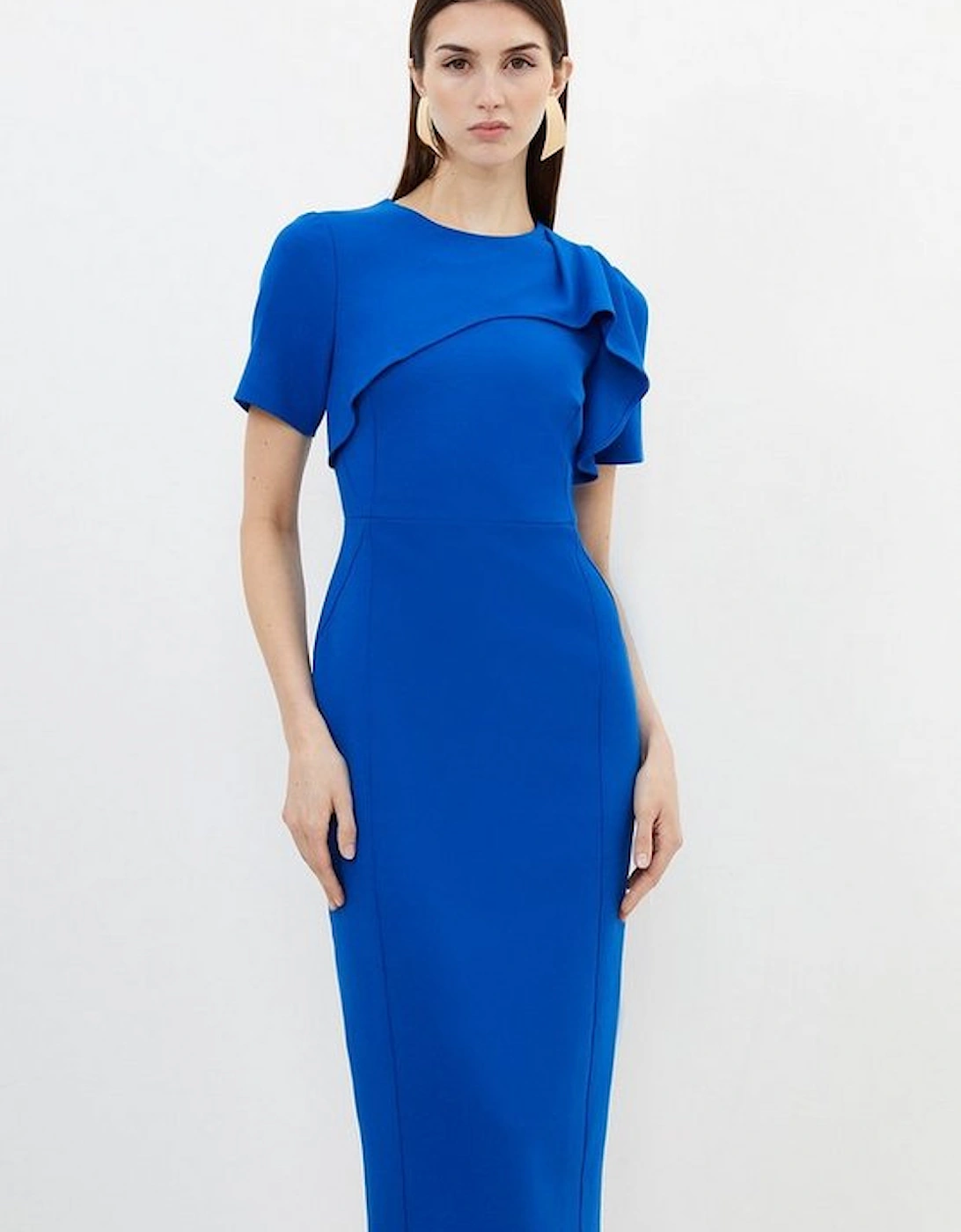 Petite Tailored Structured Crepe Ruffle Pencil Midi Dress