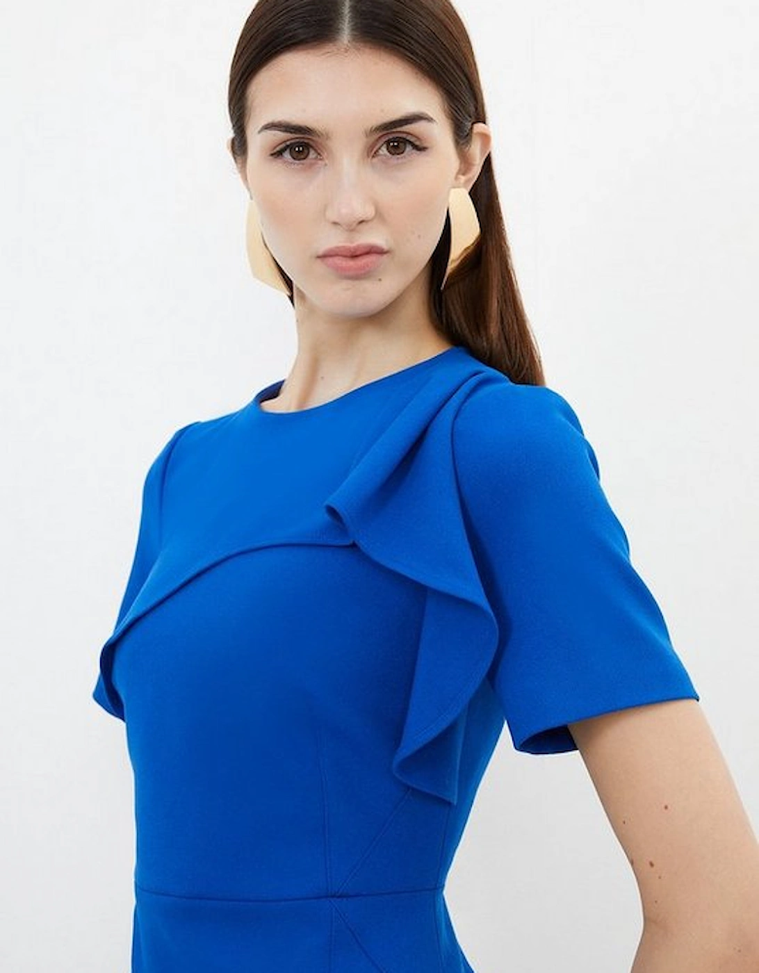 Tailored Structured Crepe Ruffle Detail Pencil Midi Dress