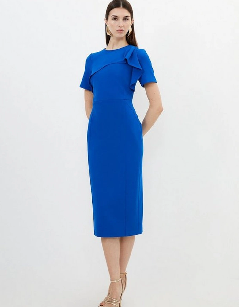 Petite Tailored Structured Crepe Ruffle Pencil Midi Dress