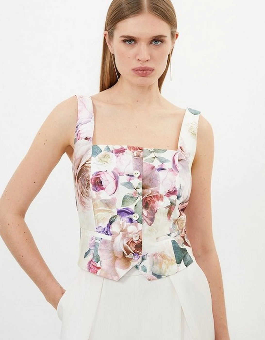 Romantic Floral Print Woven Strappy Button Detail Top, 5 of 4