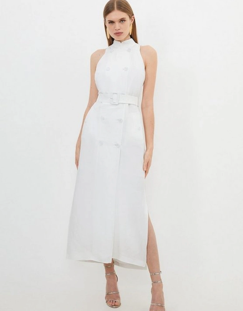 Premium Tailored Linen Double Breasted Belted Midi Dress