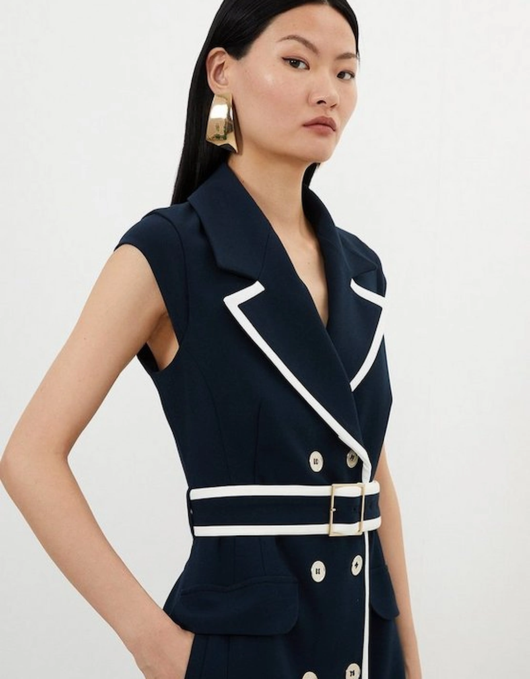 Compact Stretch Double Breasted Belted Tipped Tailored Midi Dress