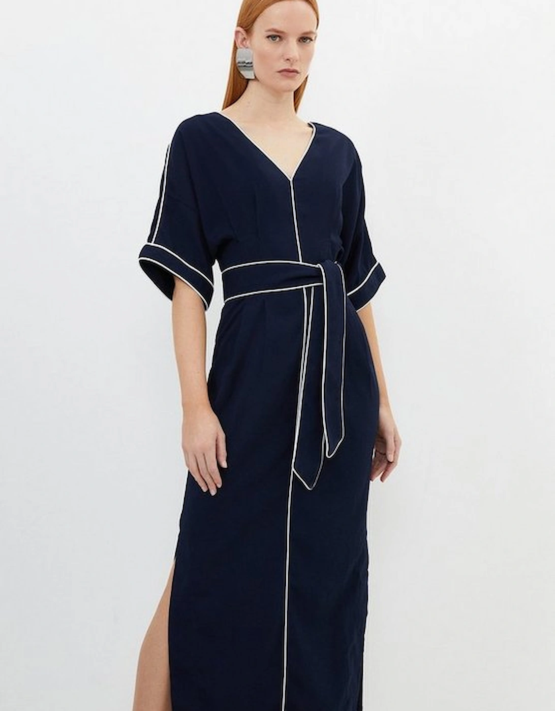 Contrast Piping Satin Back Crepe Woven Midi Dress, 5 of 4