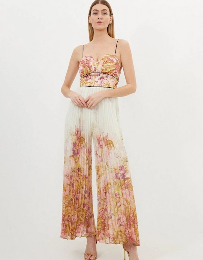 Border Floral And Satin Pleated Jumpsuit