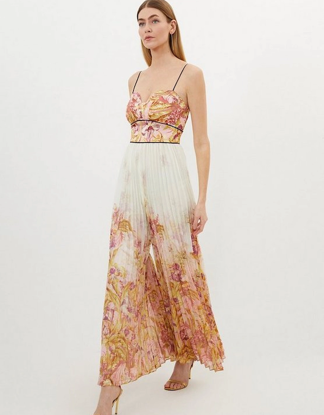 Border Floral And Satin Pleated Jumpsuit