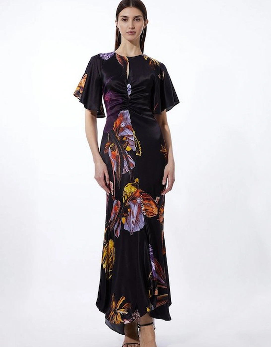 Midnight Floral Satin Crepe Woven Angel Sleeve Maxi Dress, 5 of 4