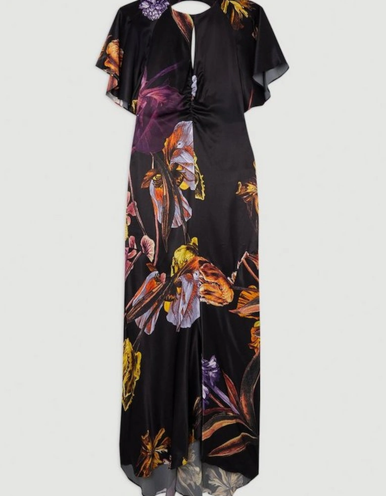 Midnight Floral Satin Crepe Woven Angel Sleeve Maxi Dress