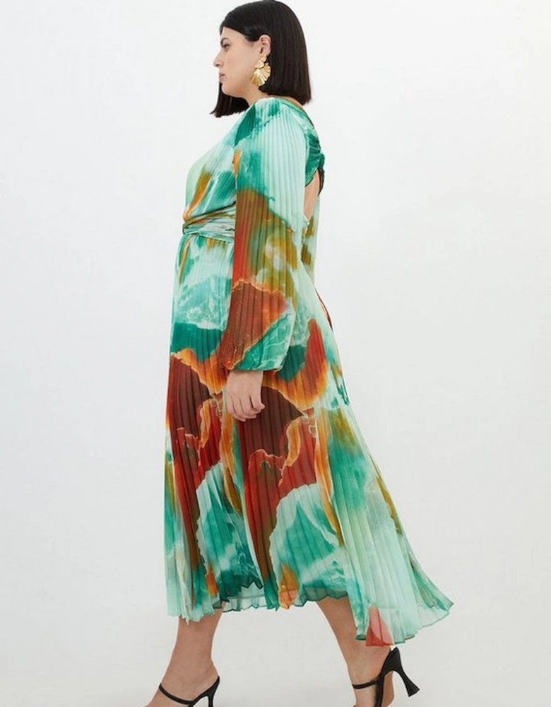 Plus Size Abstract Printed Soft Pleated Woven Maxi Dress
