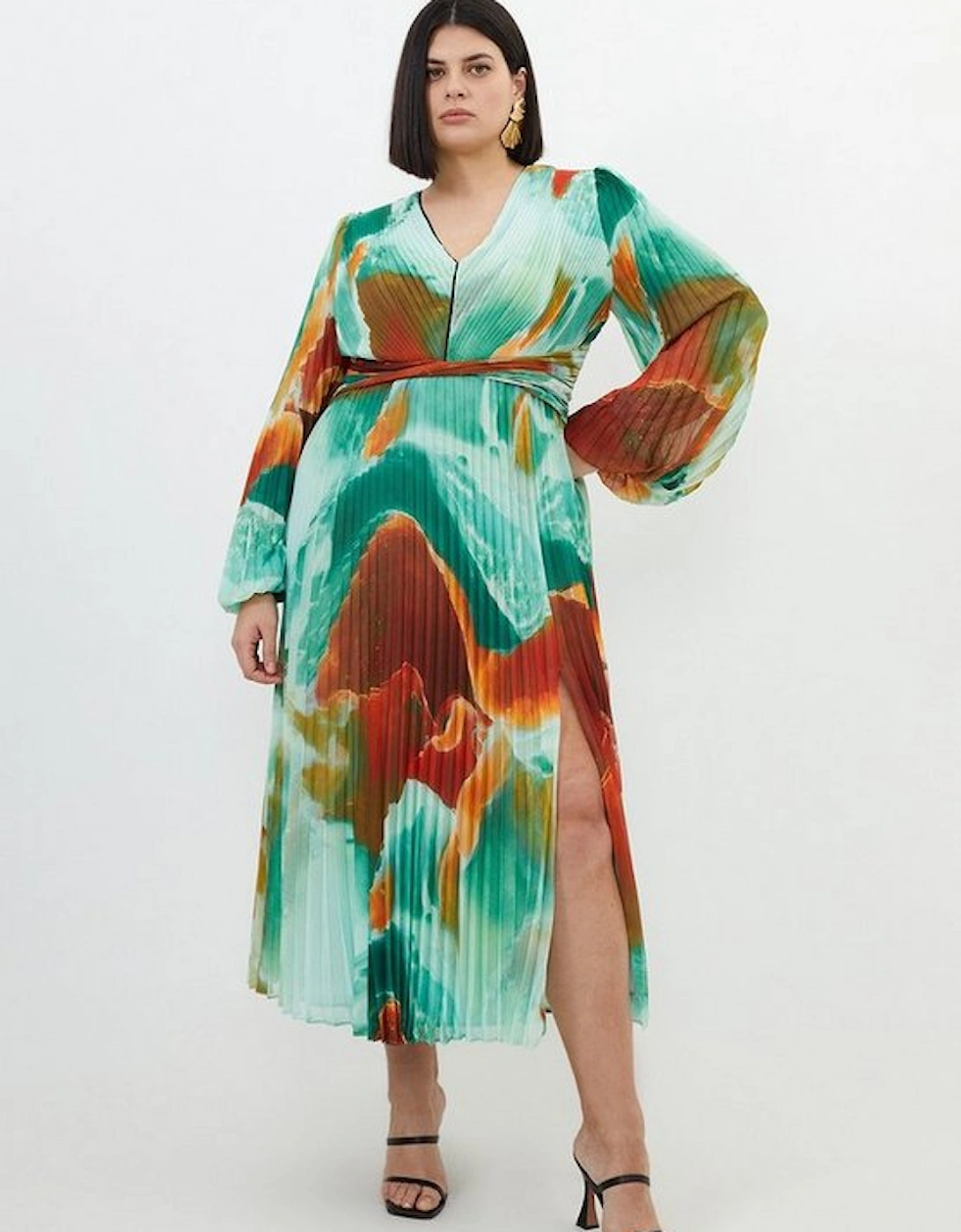 Plus Size Abstract Printed Soft Pleated Woven Maxi Dress, 5 of 4