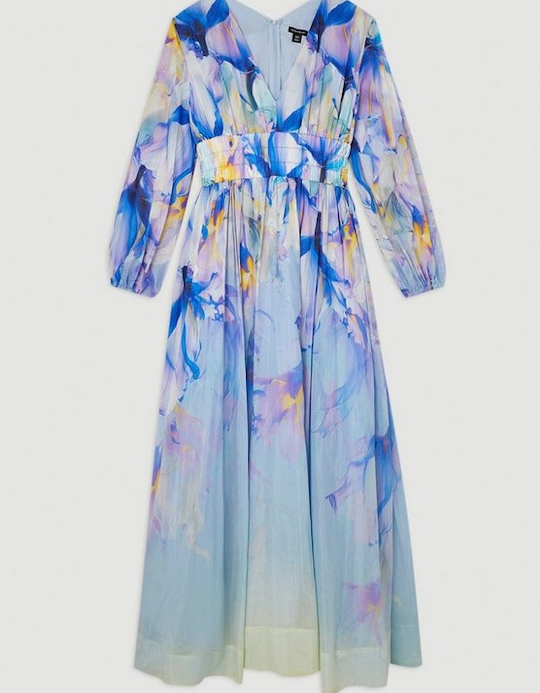 Ombre Floral Silk Cotton Plunge Maxi Dress