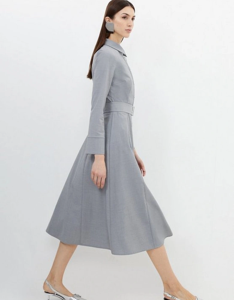 Tailored Wool Blend Belted Shirt Dress