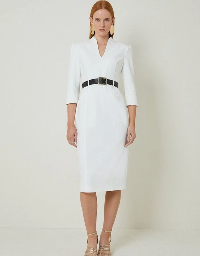 Petite Tailored Structured Crepe High Neck Belted Pencil Dress