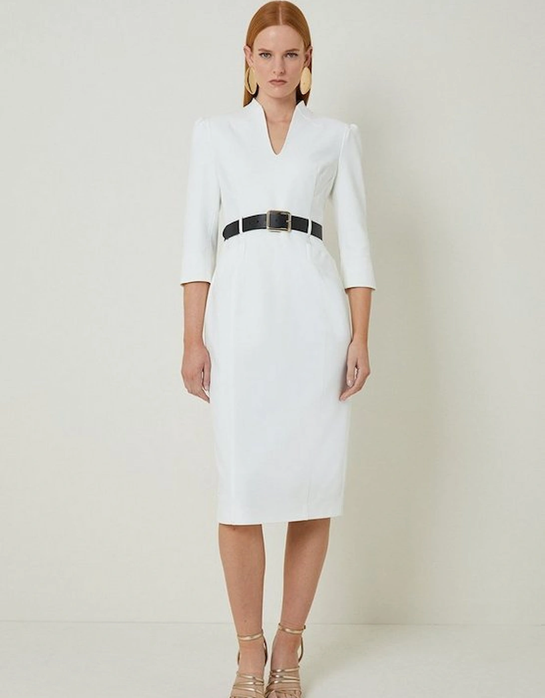 Petite Tailored Structured Crepe High Neck Belted Pencil Dress, 5 of 4