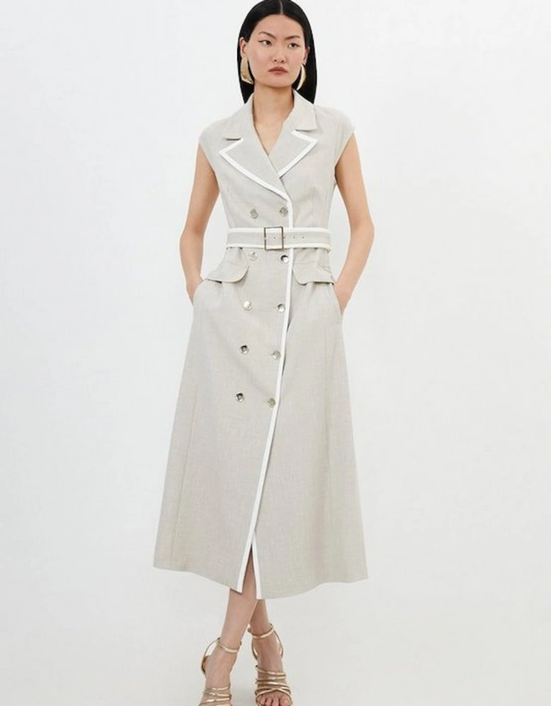 Melange Double Breasted Belted Tipped Tailored Midi Dress