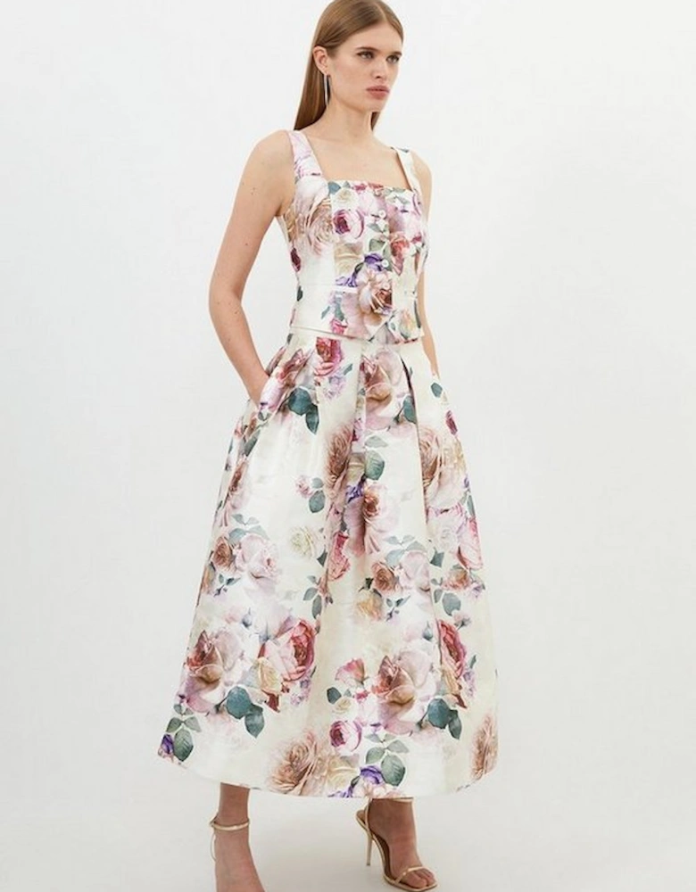 Romantic Floral Print Woven Prom Midi Skirt