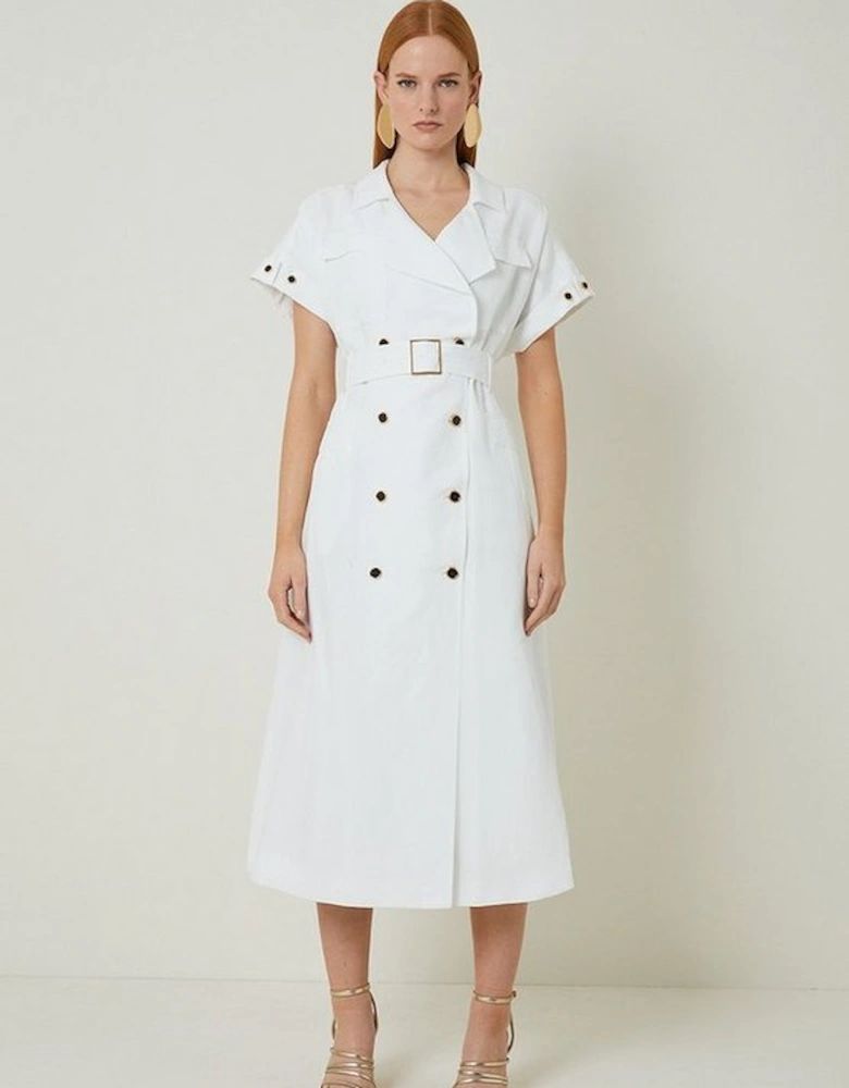 Petite Premium Linen Viscose Tailored Double Breasted Belt Midi Shirt Dress