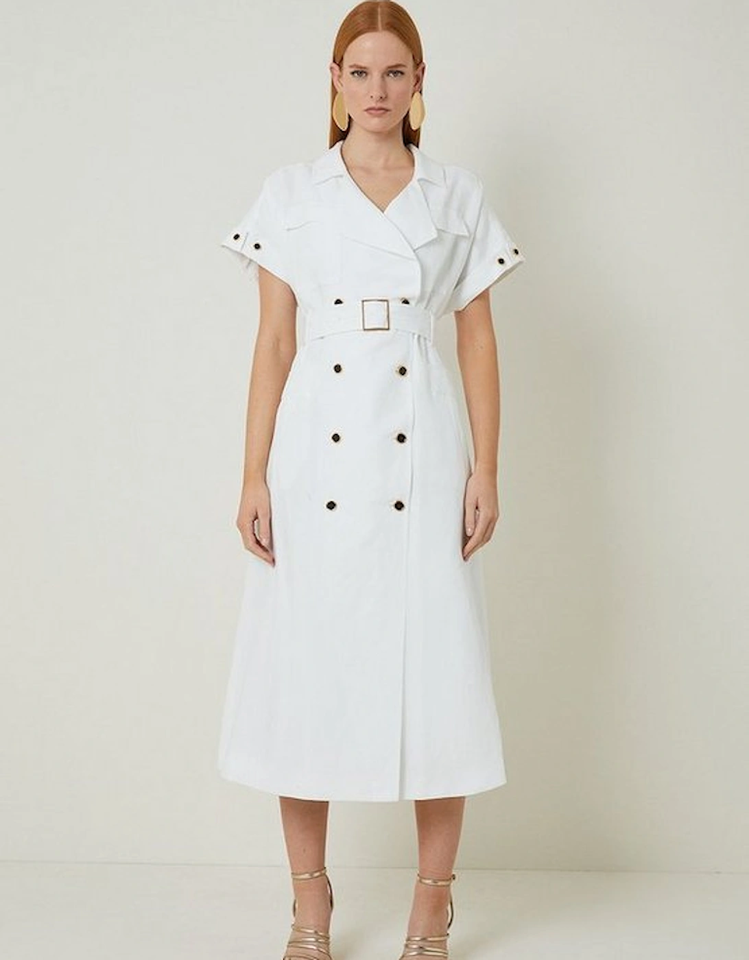 Petite Premium Linen Viscose Tailored Double Breasted Belt Midi Shirt Dress, 4 of 3