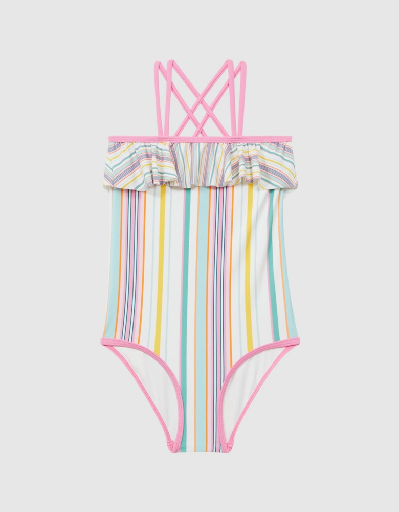 Striped Frilly Cross-Back Swimsuit