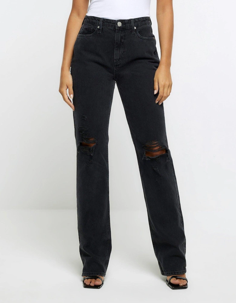Ripped High Waisted Straight Jeans - Black