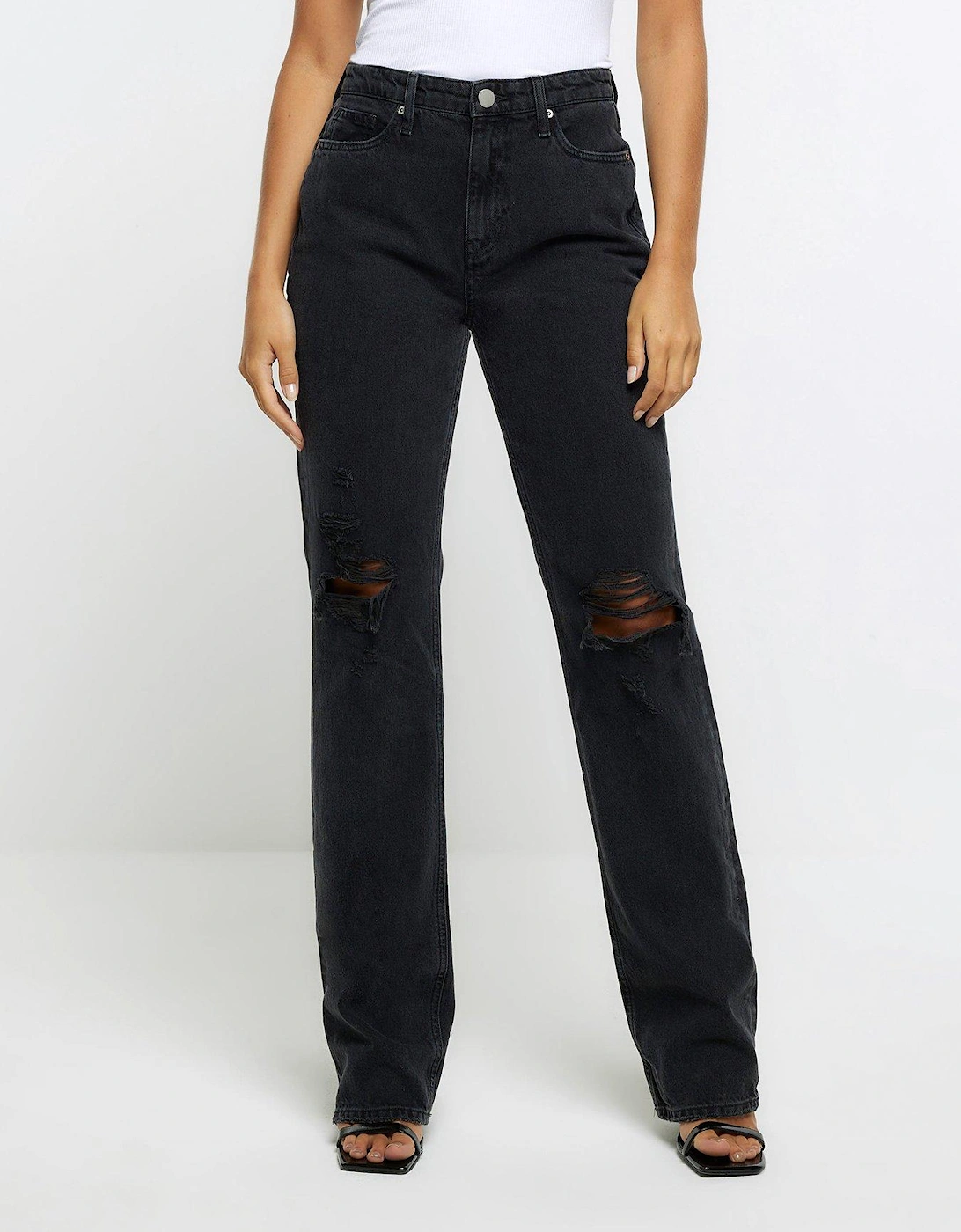 Ripped High Waisted Straight Jeans - Black, 2 of 1