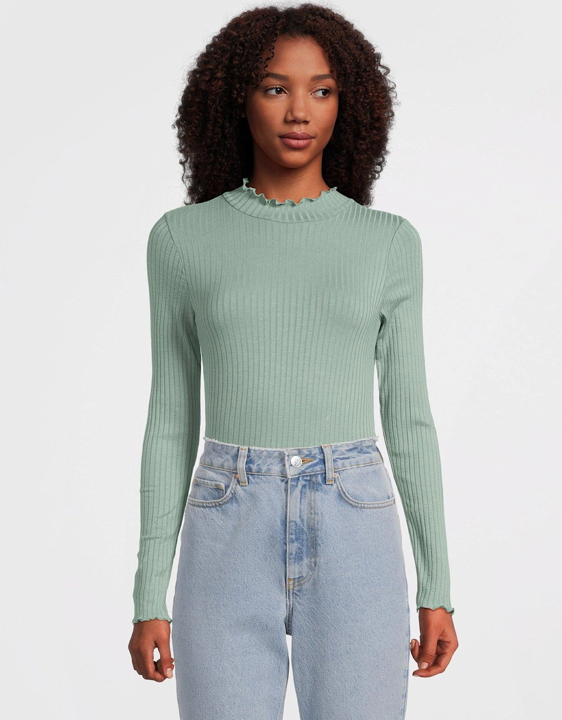Long Sleeve Frill Neck Top - Green, 6 of 5