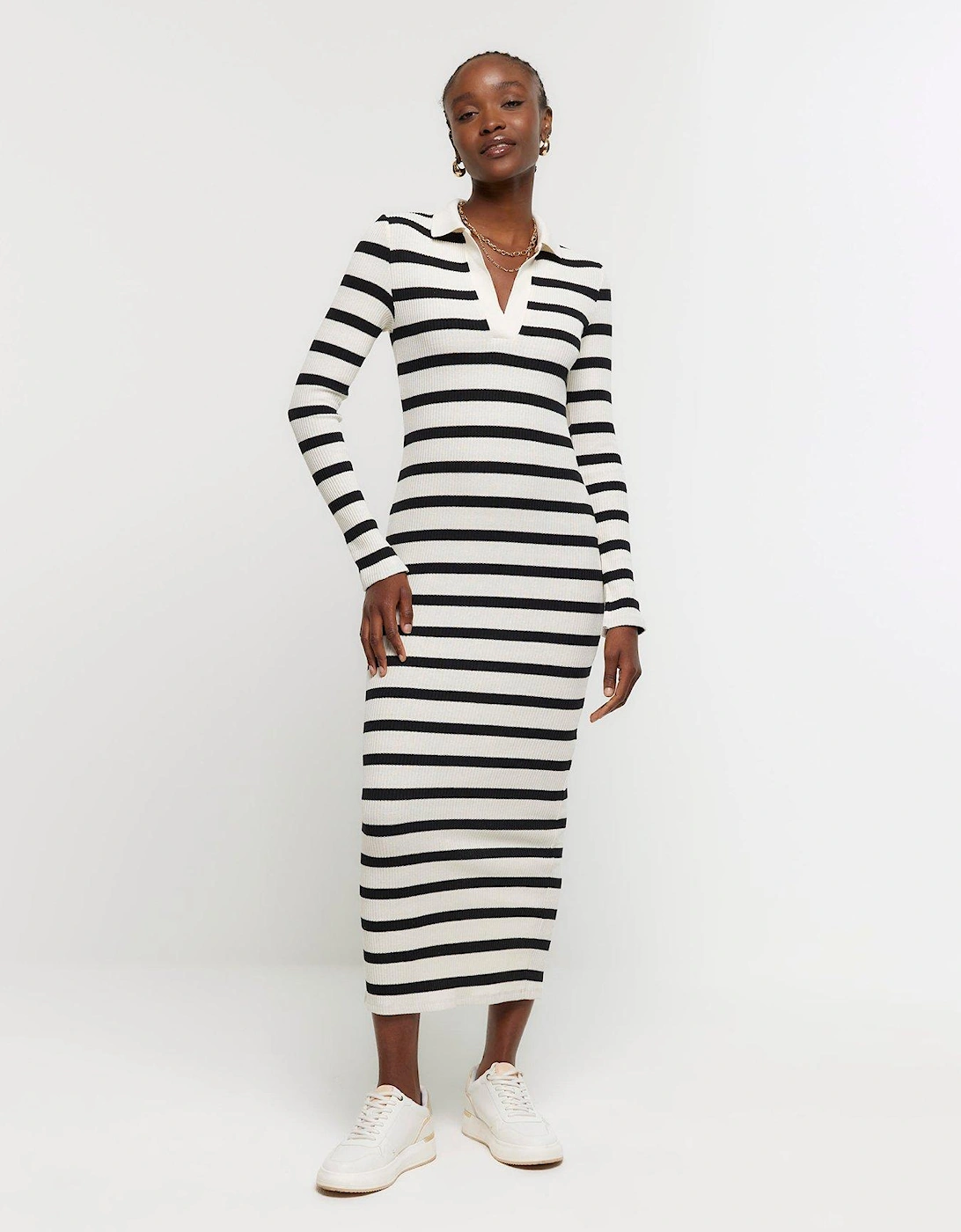 Ribbed Striped Sleeveless Midi Dress - Black/White, 6 of 5