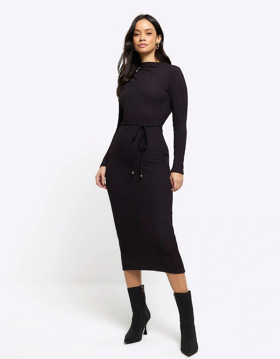 Textured Belted Drape Midi Dress - Black, 6 of 5